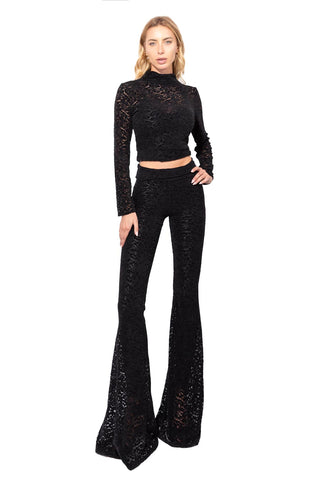 Transparence Pantalón en Pizzo de Terciopelo Elastico y Leggings Modellante Interno