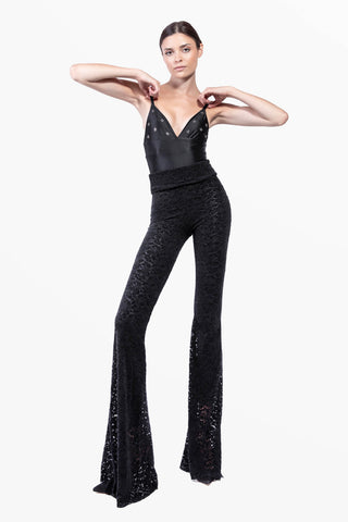 Transparence Pantalón en Pizzo de Terciopelo Elastico y Leggings Modellante Interno